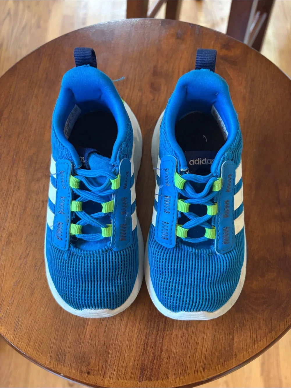 adidas Kids Blue and Neon Green Slip-On Sneakers with White Stripes